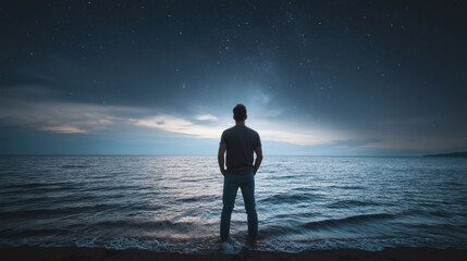 Lone figure stands on edge of endless ocean gazing at horizon feeling peaceful contemplation under dark night sky with shining star