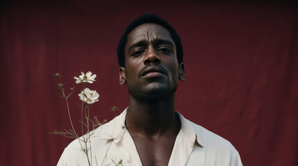 Obraz premium Photograph of an attractive mixed race man with short hair showing serious calm expression holding white flower against red background