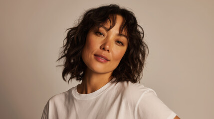 Portrait photograph of an attractive young korean woman smiling with gentle and calm emotional expression wearing white shirt