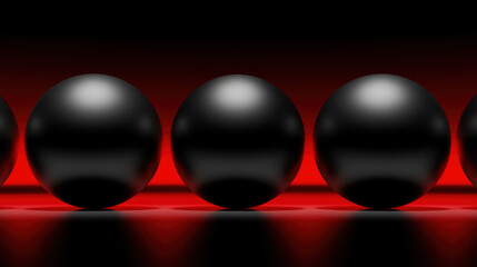 Row of large matte black sphere resting on floor illuminated by deep red light evoking very dramatic and highly mysterious feeling