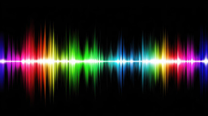 Vibrant and dynamic colorful sound wave on black background showing energetic audio spectrum for rhythmic digital music frequency equalizer