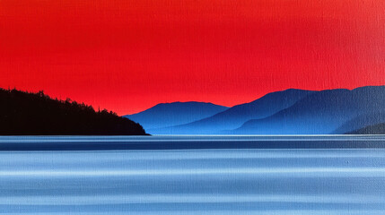 Serene painting capturing dramatic red sky over quiet blue mountain and calm water in beautiful british columbia landscape setting
