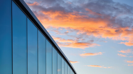 Inspiring modern corporate building featuring blue glass facade beautifully contrasting vivid orange sky at peaceful sunset