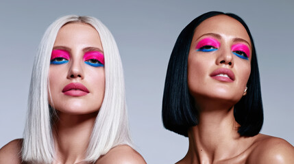 Confident female model duo in modern studio featuring bright pink and vivid blue makeup, highlighting creative cosmetic beauty and portrait style