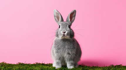 Gray rabbit sitting alert on green grass against solid pink background in calm portrait photography studio shot of furry pet animal