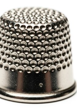 Metallic sewing thimble rests on a white background.