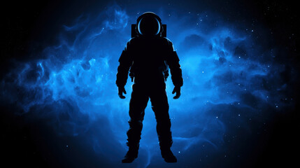 Lonely astronaut silhouette exploring dark space galaxy with glowing blue nebula background creating deep mystery and profound awe