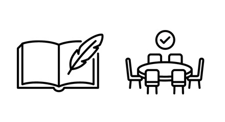 Fototapeta premium Open book with quill pen and conference meeting table with chairs and checkmark icon set for business, education, and agreement