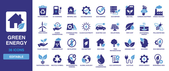 Green energy related icon set including solar panel, wind power, recycling bin, electric car, sustainable idea, global ecology, and hydroelectric power icons. © Sultan