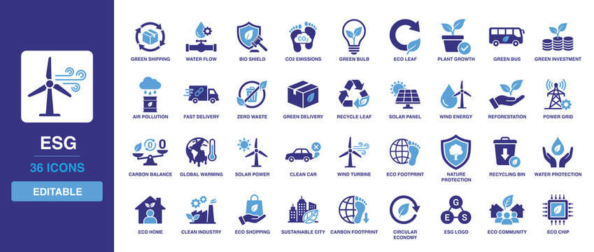 ESG icon set including environmental, social, and governance icons for green investment, solar power, zero waste, reforestation, and carbon footprint.