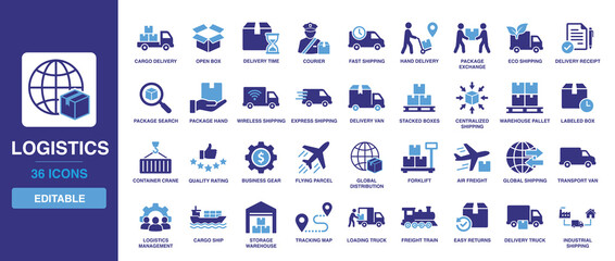 Logistics icon set including cargo delivery, warehouse pallet, forklift, courier, express shipping, global distribution, tracking map, and industrial shipping icons. © Sultan