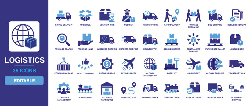 Logistics solid vector glyph icon set including cargo delivery, warehouse pallet, forklift, courier, express shipping, global distribution, tracking map, and industrial shipping icons.