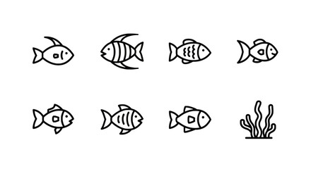 Obraz premium Diverse collection of simple outline fish and seaweed icons for aquatic themes and ocean life design with fish species with line art