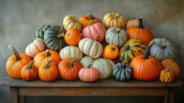 A pile of pumpkins on a wooden porch 