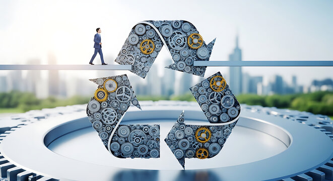 Recycling symbol made of gears with a person walking on it, symbolizing a sustainable business and circular economy