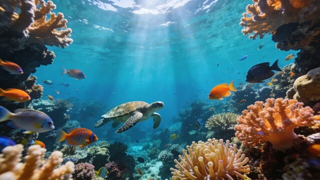 Sea turtle swimming near coral reef with tropical fish underwater