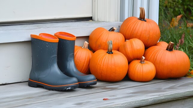A pile of pumpkins on a wooden porch next to a pair of boats