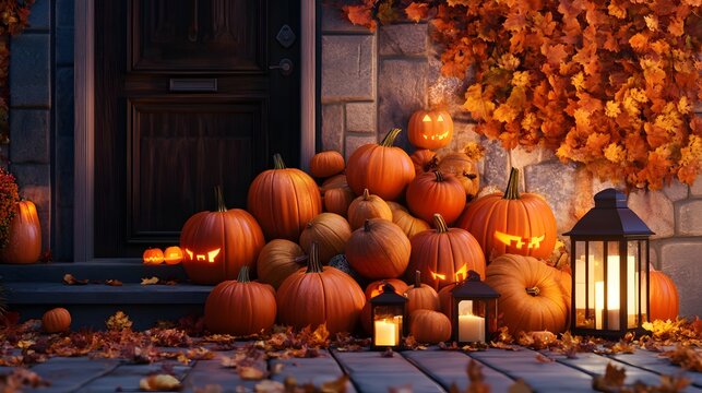 A pile of pumpkins on a wooden porch 