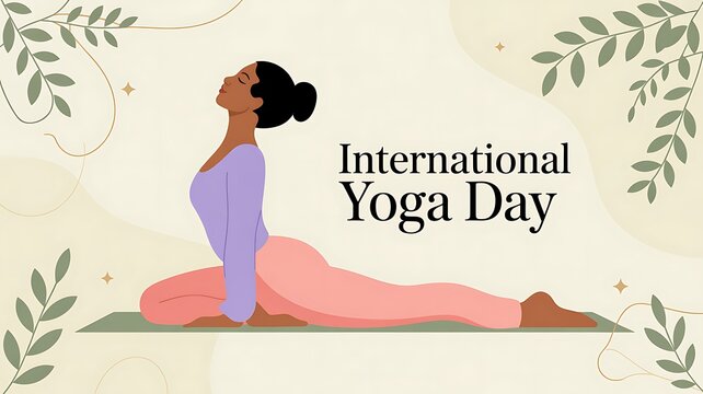 International yoga day illustration with woman in cobra pose and botanical elements in calm minimal wellness design