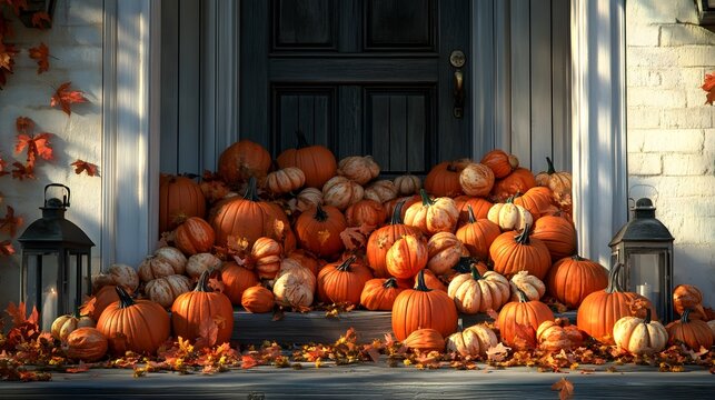 A pile of pumpkins on a wooden porch 