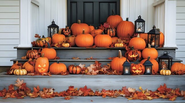 A pile of pumpkins on a wooden porch 