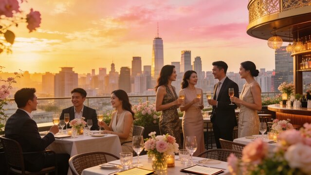 Elegant people dining and socializing at rooftop restaurant with city skyline during sunset