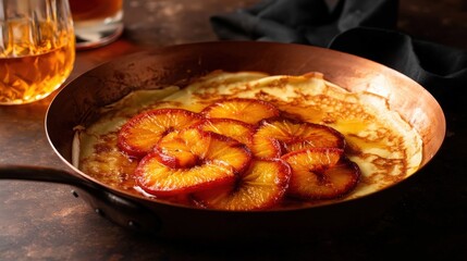 Fototapeta premium A copper pan with golden crepes topped with caramelized orange slices on a rustic wooden surface.
