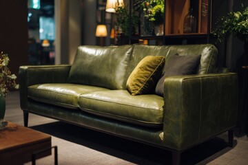 Obraz premium Design of a green leather sofa in a cozy living space with soft lighting in the background, showcasing indoor plants and warm decor elements