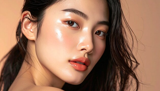 Professional beauty portrait of young woman with flawless dewy skin and natural makeup