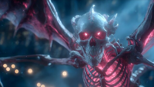 Scary Skeleton Demon with Glowing Red Eyes and Wings