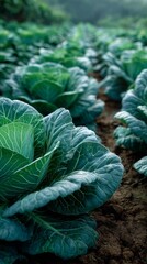 Obraz premium Vibrant green cabbage plants thriving in a lush, fertile garden.