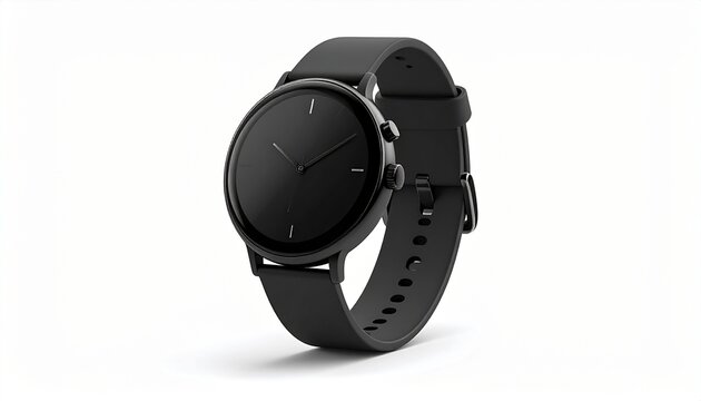 Modern round smartwatch isolated on white background, sleek wearable device with minimalist design and digital display
