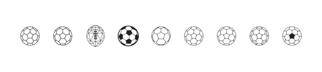 Various filled and outline icons showcasing different panel arrangements for classic soccer balls and a globe © MdJahid