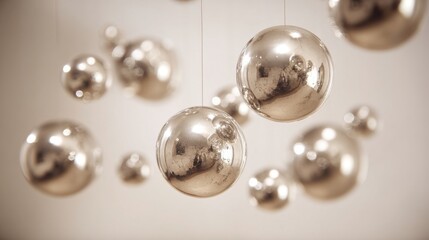Fototapeta premium Reflective Silver Spheres Hanging in Air with Soft Focus Background