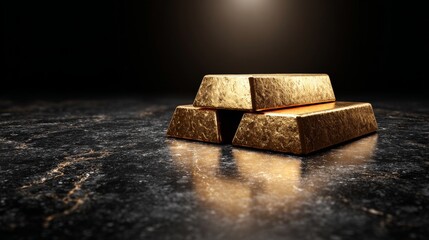 Shiny Gold Bars on Dark Marble Surface with Soft Lighting Effects