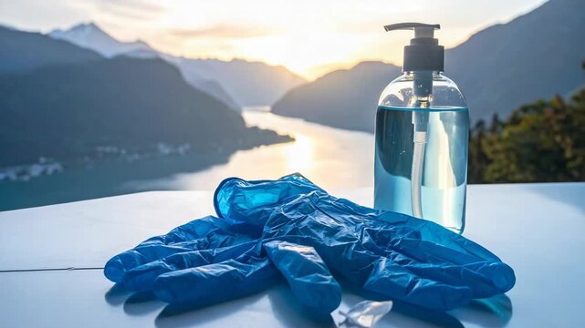 Health safety essentials hand sanitizer and gloves in a beautiful outdoor setting