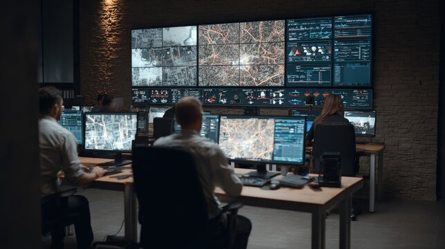 Professional security team monitors city maps and data on large screens in a modern control center.