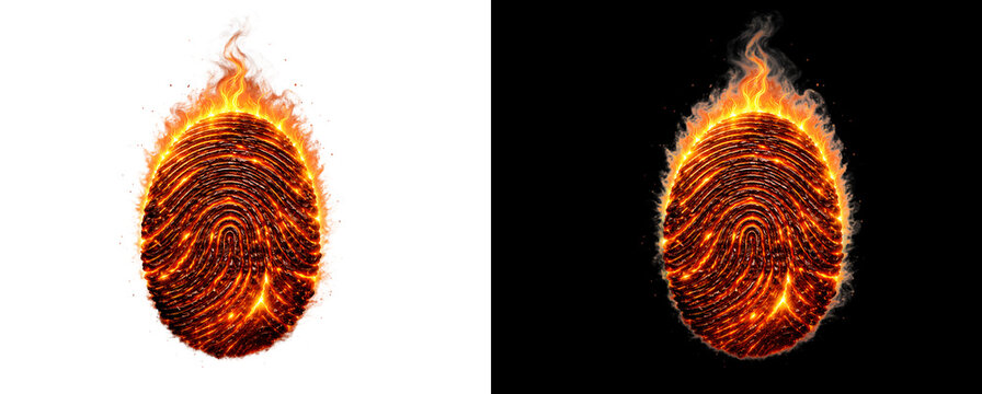 Fingerprint glowing with fire, representing identity and burning passion.