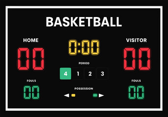 Fototapeta premium Realistic Basketball Stadium Scoreboard Panel with Digital Display and Professional Arena Lighting. Modern Sports Interface Concept for Game Presentation and Broadcast Graphics.