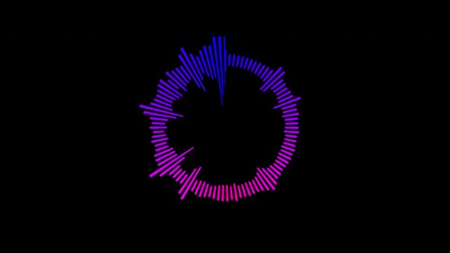 Circular interface audio voice music sound spectrum equalizer, 4k footage, sound waves animation on black and white background.