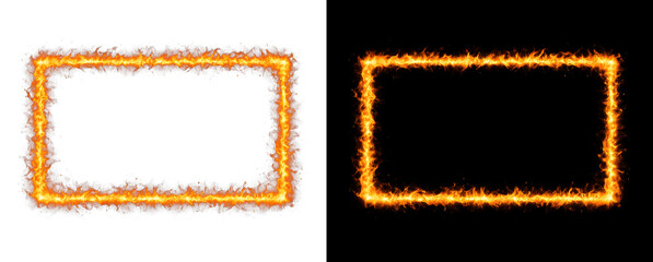 Fiery rectangle frame burning on transparent and black background. © Ontime Rahela