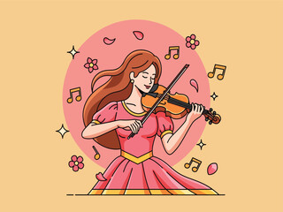Elegant female violinist playing classical music, a charming cartoon vector illustration. Beautiful woman with long brown hair in a pink dress, surrounded by musical notes and delicate flowers © Huynh Khang