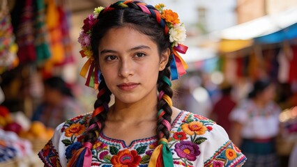 Fototapeta premium Young Latina woman with braids and colorful floral headpiece at market