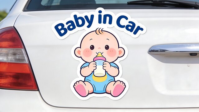 A sticker on the back of a car with the message "Baby in car".