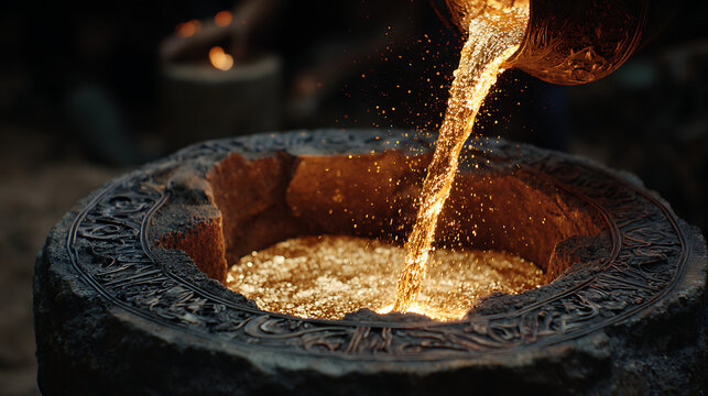 Golden grains pouring into an ancient stone bowl at night