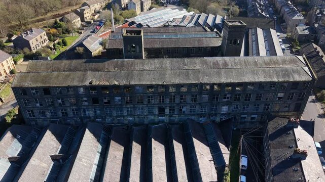 Aerial view of a derelict textile mill in Marsden, Huddersfield, West Yorkshire
