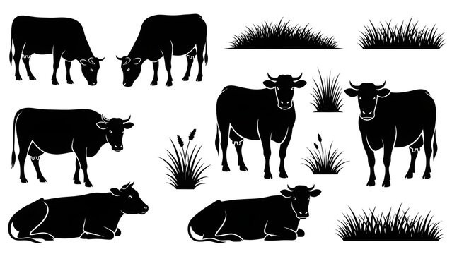 Vector illustrations of black cattle silhouettes, featuring cows grazing, standing, and resting, with various grass elements. Ideal for farm, agriculture, and livestock design projects