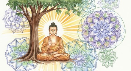 Fototapeta premium Meditating figure sits in a peaceful pose beneath a lush tree surrounded by colorful geometric patterns.