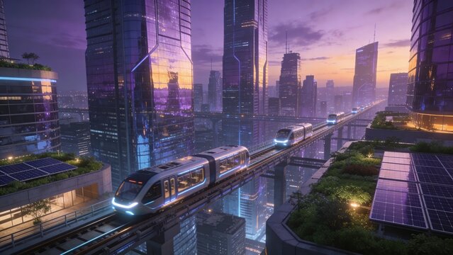 Futuristic cityscape with monorail train at sunset