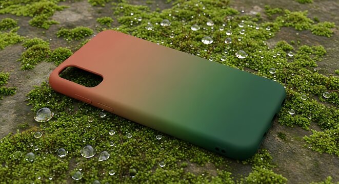 Gradient phone case with warm to cool color transition, placed on mossy ground with water droplets, showcasing nature-inspired design